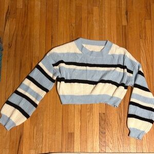 SHEIN Light Blue, White & Black Striped Cropped Crewneck Sweater